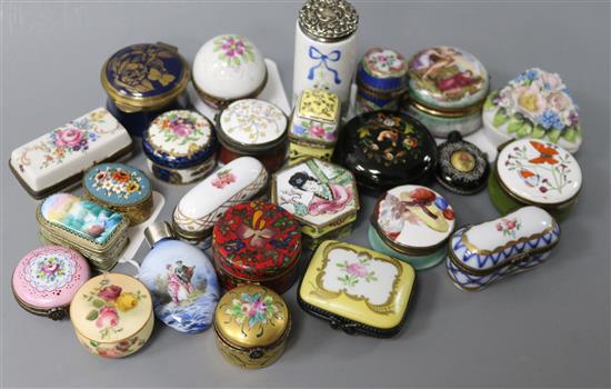 A collection of decorative porcelain and enamel patch boxes, etc.,